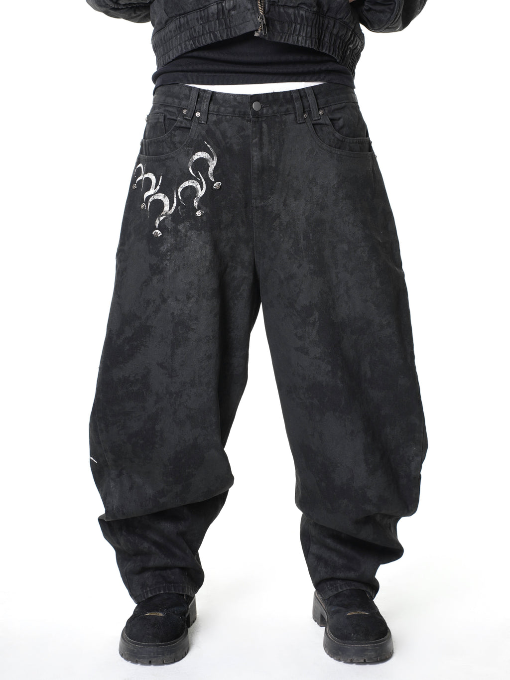 “Lies” Double-Daggers Printed Waxed Cloud Baggy Jeans