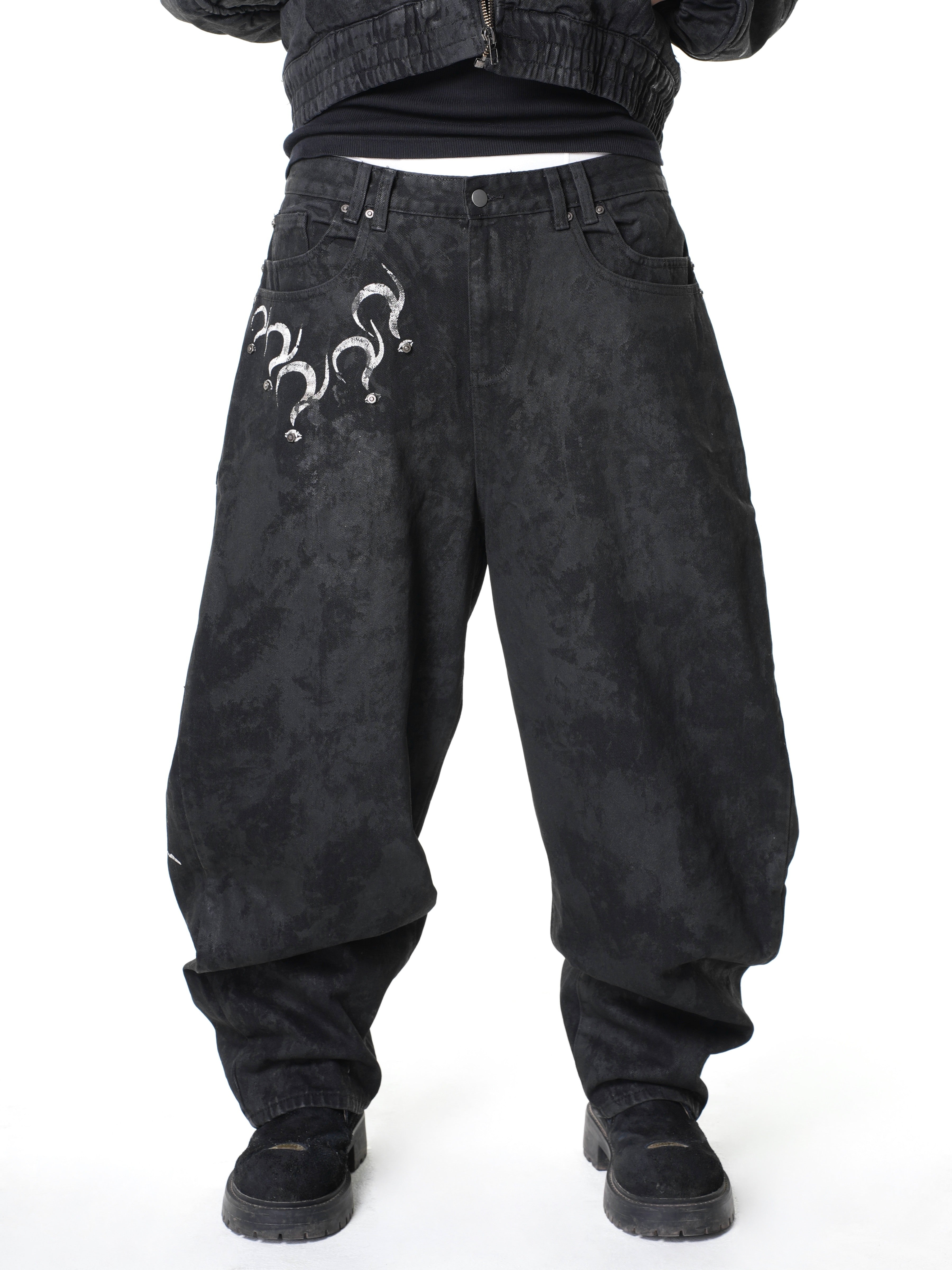 “Lies” Double-Daggers Printed Waxed Cloud Baggy Jeans