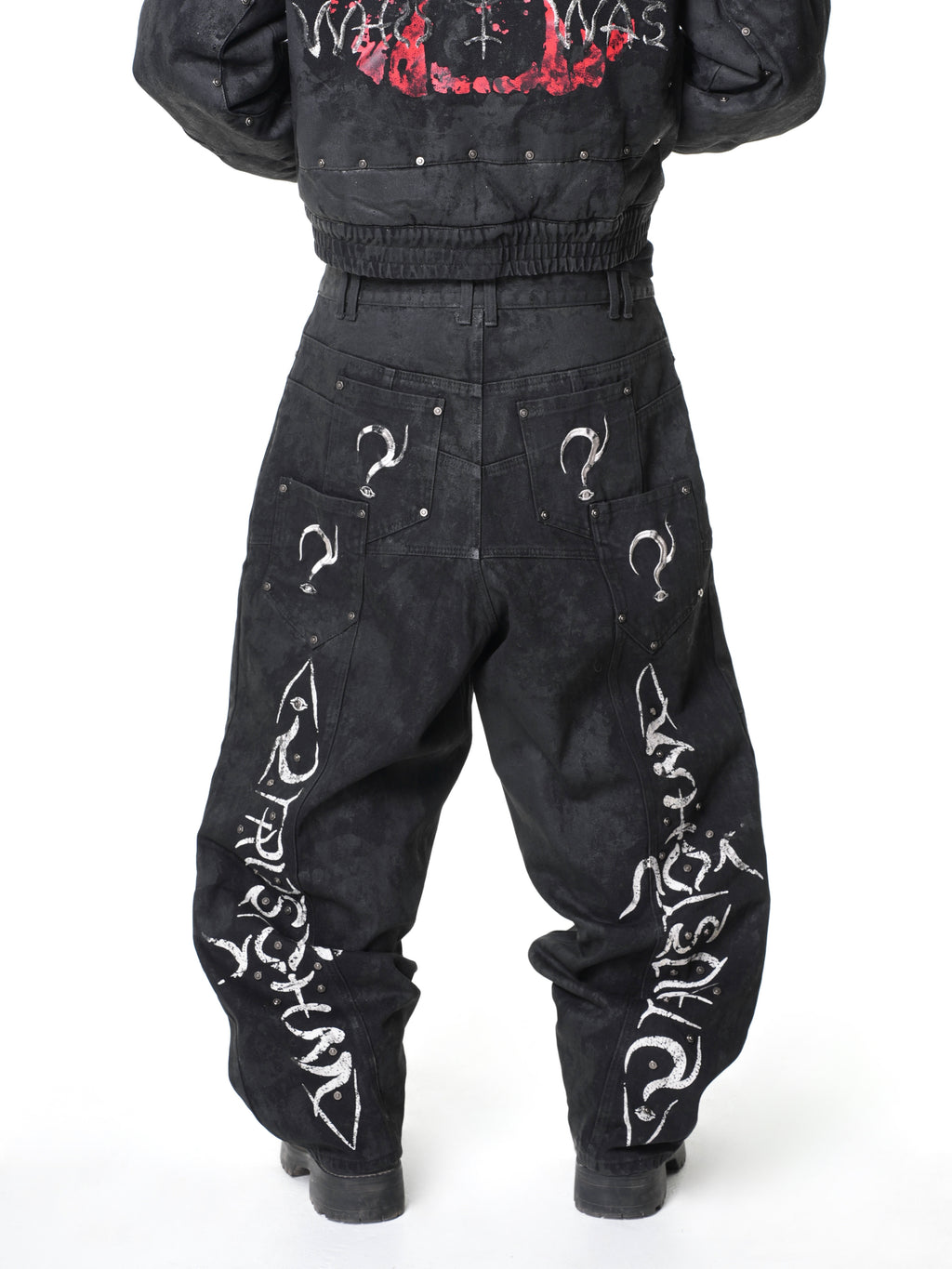 “Lies” Double-Daggers Printed Waxed Cloud Baggy Jeans
