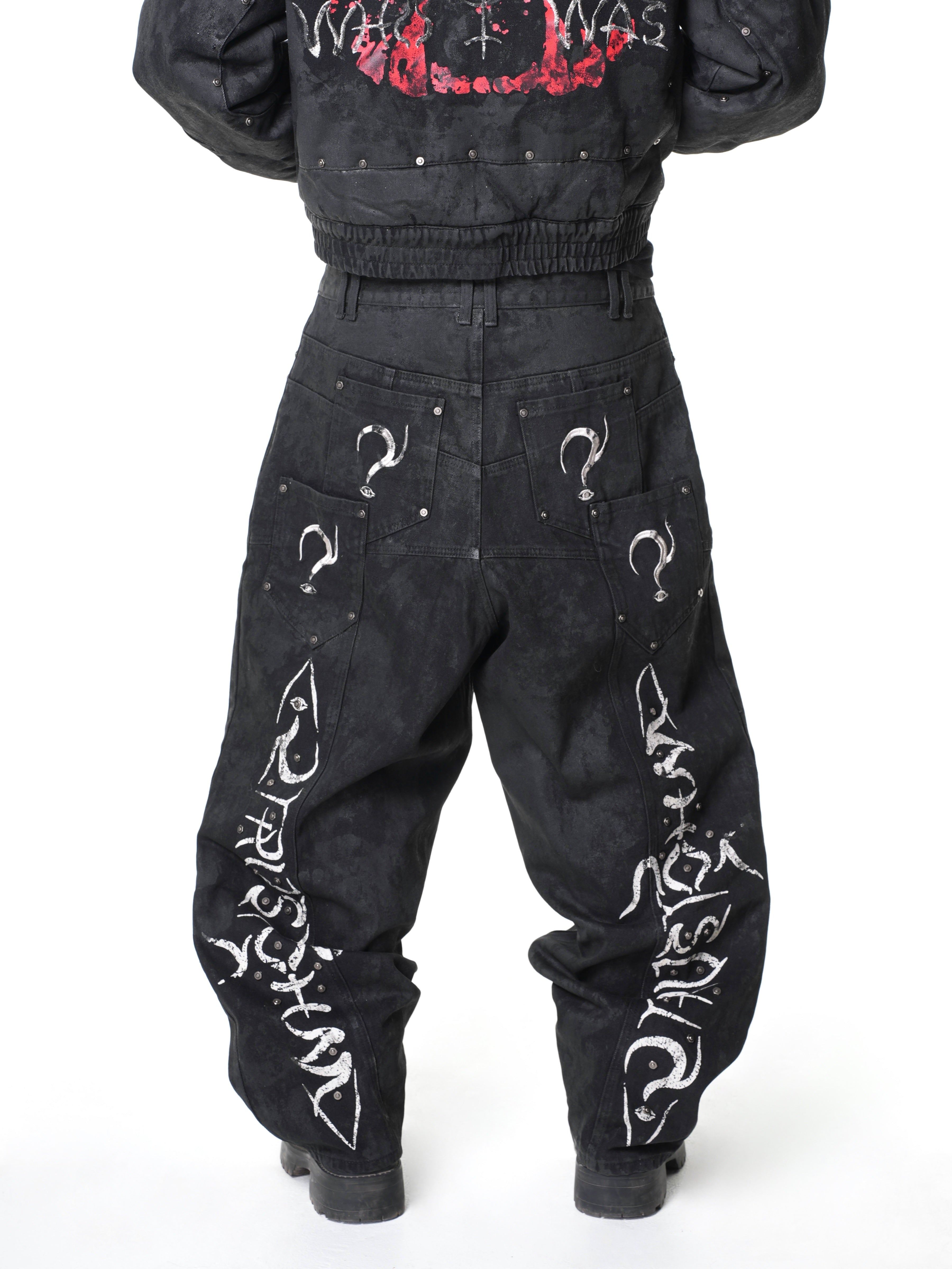 “Lies” Double-Daggers Printed Waxed Cloud Baggy Jeans