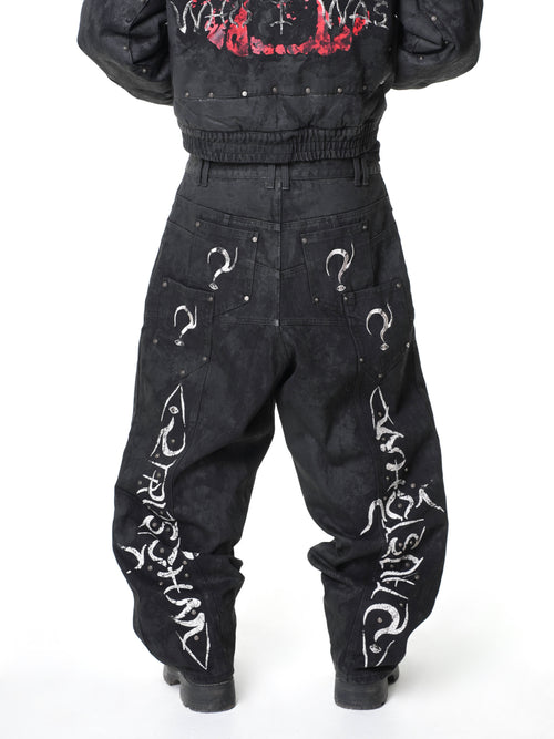 “Lies” Double-Daggers Printed Waxed Cloud Baggy Jeans