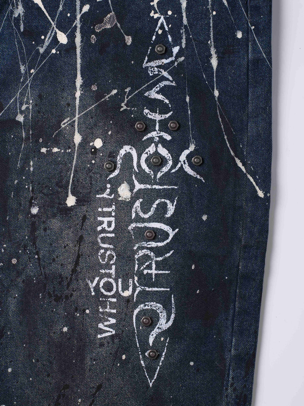“Relationship“ Printed Splashed Ink Washed Jeans in Blue Denim
