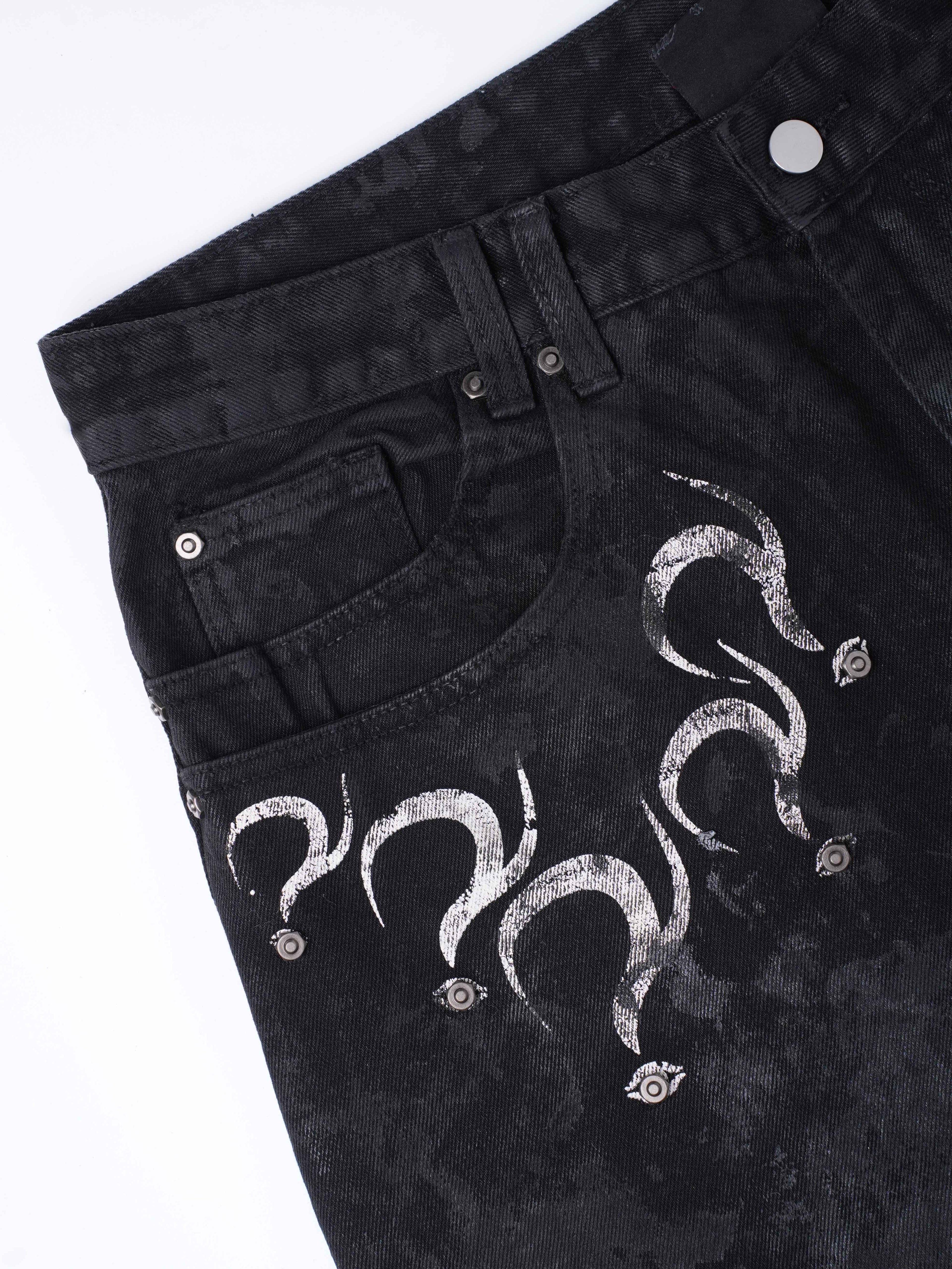 “Lies” Double-Daggers Printed Waxed Cloud Baggy Jeans