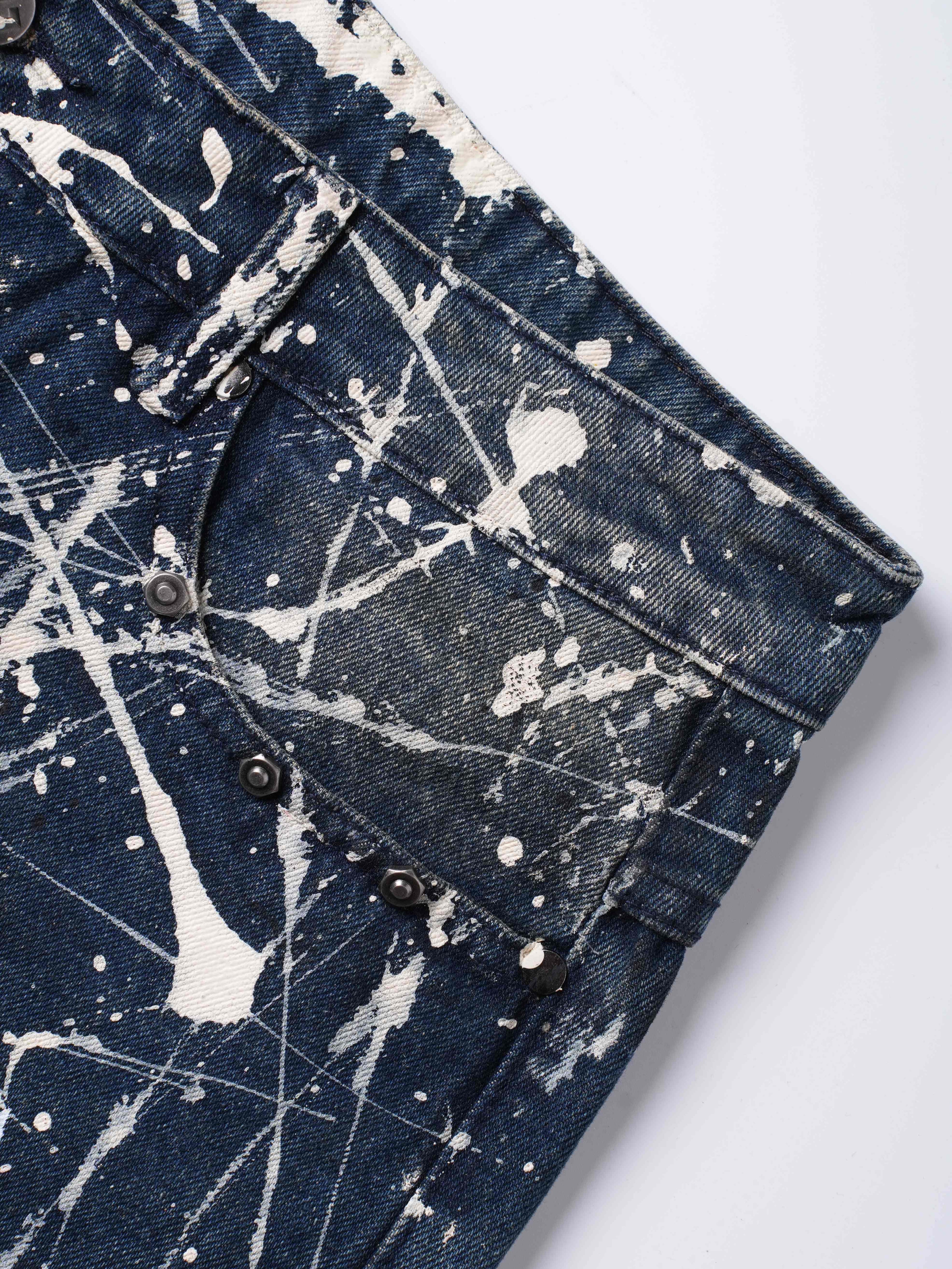 “Relationship“ Printed Splashed Ink Washed Jeans in Blue Denim