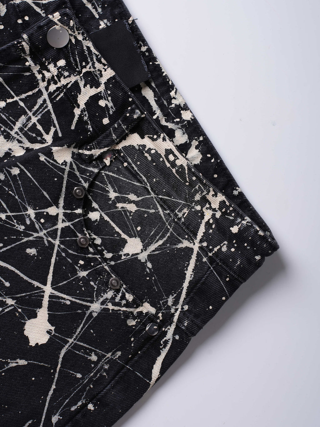 “Relationship“ Printed Splashed Ink Washed Jeans in Black Denim