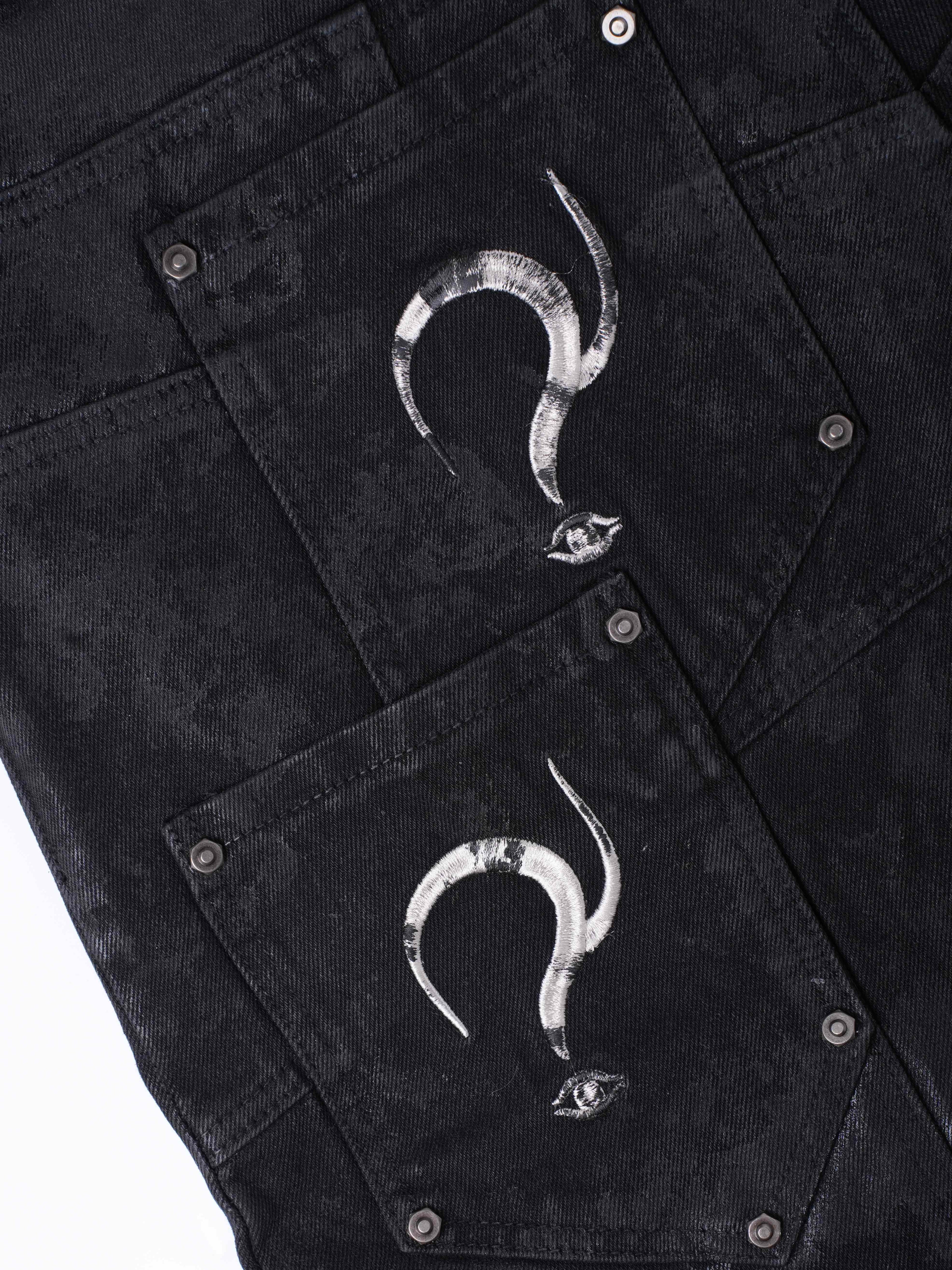 “Lies” Double-Daggers Printed Waxed Cloud Baggy Jeans
