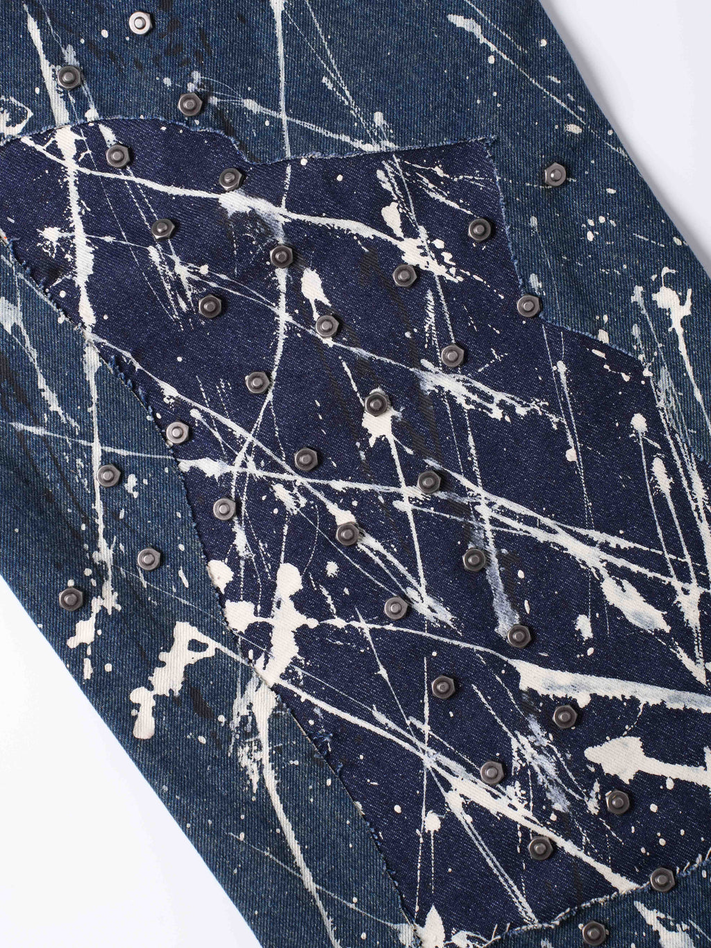 “Relationship“ Printed Splashed Ink Washed Jeans in Blue Denim