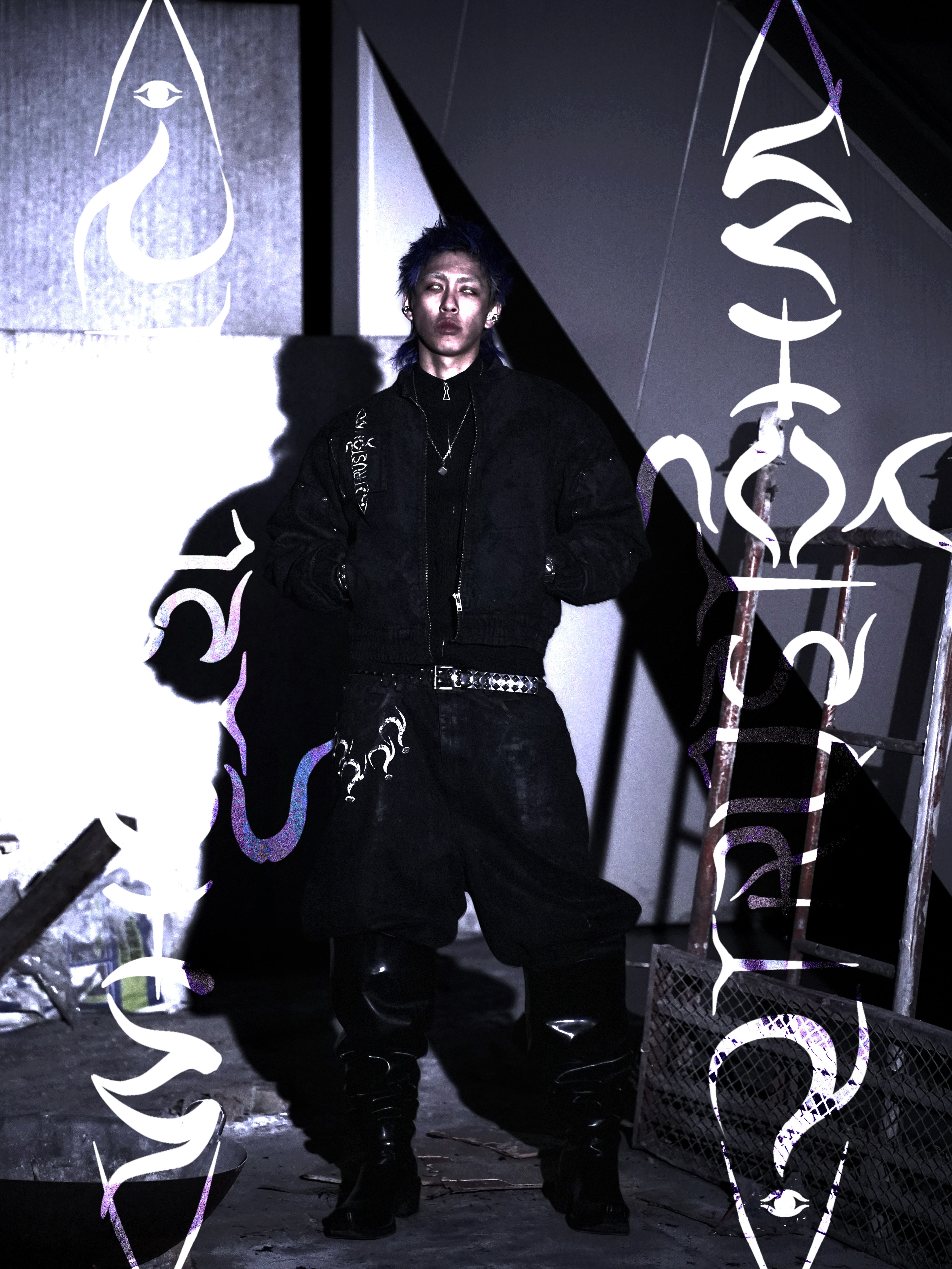 “Lies” Double-Daggers Printed Waxed Cloud Baggy Jeans